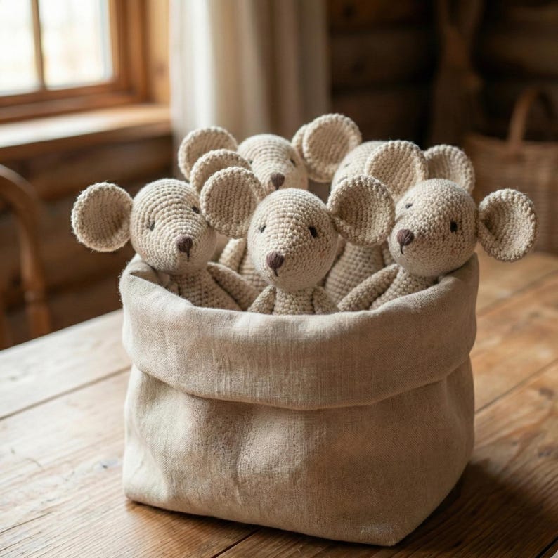 Puede incluir: Un grupo de ratones de ganchillo beige con orejas grandes, metidos en una bolsa de lino a juego. Los juguetes hechos a mano se exhiben sobre una superficie de madera, creando una est&eacute;tica r&uacute;stica y acogedora.