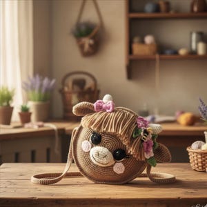 Peut inclure: Sac bandoulière en forme de vache marron crocheté. Il présente une crinière frangée, un nœud rose et des fleurs. La vache a de grands yeux noirs et des joues roses, posée sur une table en bois.