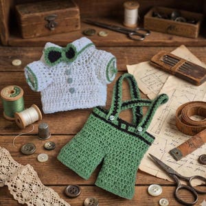 May include: Crocheted white shirt with a black bow tie and green overalls with black straps. The handmade garments are displayed on a wooden surface with sewing notions, including buttons, thread spools, and scissors.