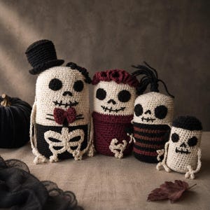 Peut inclure: Un ensemble de quatre figurines squelettes au crochet de tailles variées. La plus grande porte un haut-de-forme noir et un nœud papillon bordeaux. La deuxième a un haut à volants bordeaux. La troisième a des cheveux noirs et des rayures.