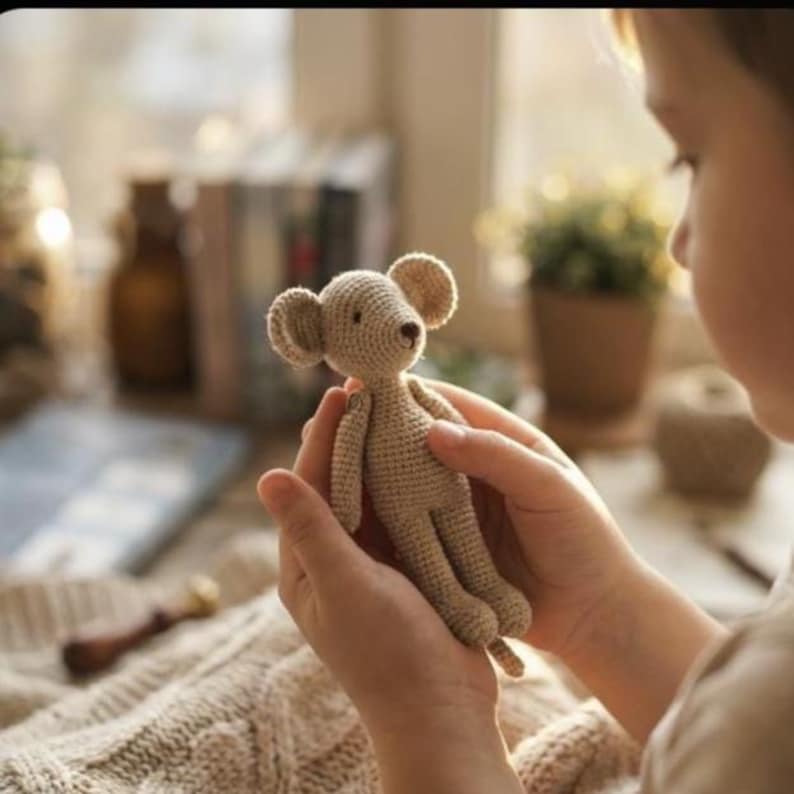 Puede incluir: Un peque&ntilde;o juguete de rat&oacute;n de ganchillo beige con orejas grandes y redondeadas y una peque&ntilde;a nariz marr&oacute;n. El animal de peluche hecho a mano se sostiene en las manos de una persona, mostrando su detallada artesan&iacute;a. El juguete es un dise&ntilde;o suave y tierno.