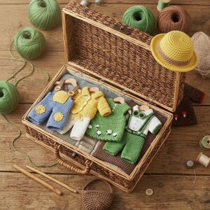 May include: A wicker basket filled with miniature, handmade crochet clothing. The outfits include blue overalls, a yellow jacket, a green dress with sheep, and a green and white outfit. A yellow hat, yarn, and crochet hooks are also present.