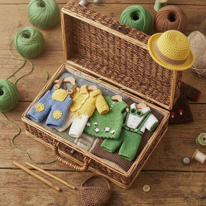 May include: A wicker basket filled with miniature, handmade crochet clothing. The outfits include blue overalls, a yellow jacket, a green dress with sheep, and a green and white outfit. A yellow hat, yarn, and crochet hooks are also present.