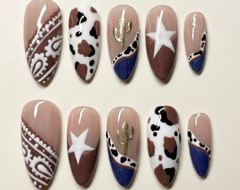 Western Cowboy Press On Nails Brown Cow Print with Bandana Art & Gold Cactus Charms, Coastal Cowgirl Almond Fake Nails, Handmade Nail Set