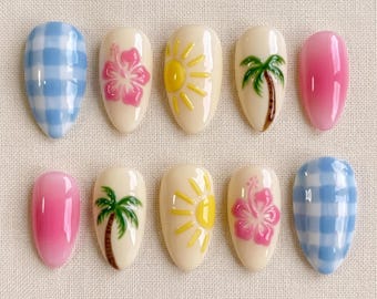 Tropical Hibiscus Press On Nails, Summer Beach Palm Tree Nails, Blue Gingham 3D Vacation Nail Set