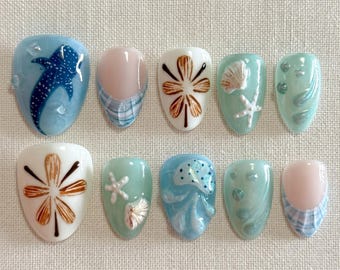 Tropical Sun and Sea Press On Nails, Ocean Inspired Summer Nail Set, Beach Glow Handmade Manicure