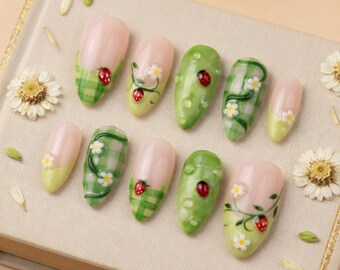 Spring Ladybug Press On Nails with Green Plaid & Daisy, Garden Inspired Nail Art