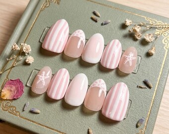 Pink Coast Hand-Painted Press-On Nails, Coastal Aesthetic Reusable Nail Set