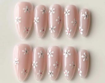 Pink Floral Press On Nails, Cute Kawaii Flower Nail Set, Reusable Spring Summer Manicure, Mid Almond Handmade Nails