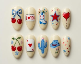 Retro Kawaii Nails, Cowboy Cactus Cherry Press On Nails, 4th July Set