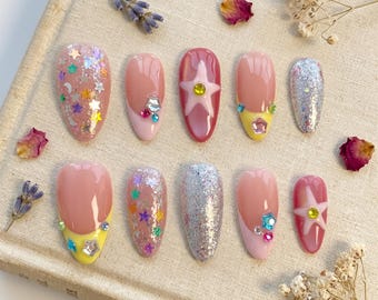 Y2K Press On Nails, Long Almond Pink Star Nail Set, Shiny Silver Summer Holiday Nails, Colorful Custom Manicure