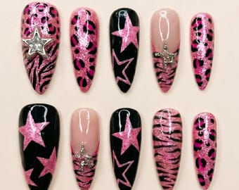 Hot Pink Leopard Press On Nails: Glitter Star Tiger Stripe Reusable Y2K Nails