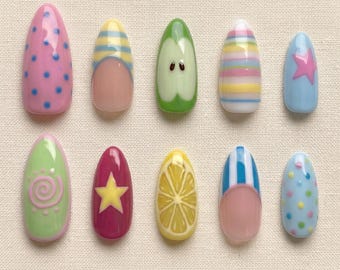 Handmade Pastel Kawaii Press On Nails, Cute Fruit Star Swirl Designs, 3D Glossy Almond Nails, Y2K Spring Summer Set