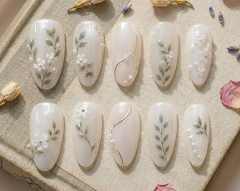 Elegant White Floral Press On Nails, Pearl Botanical Nail Art, Minimalist Wedding Fake Nails, Hand Painted Leaf Design Reusable Set