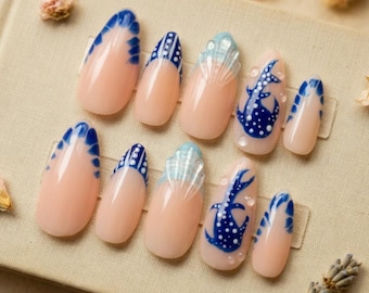 Whale Shark Summer Press On Nails, Blue French Tips, Long Almond Ocean