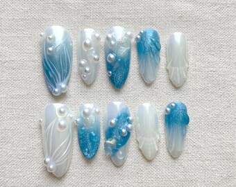 3D Pearl Ocean Press On Nails, Blue Shell Charm Nail Set, Coastal Beach Handmade Manicure