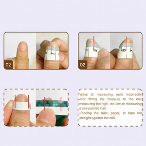 May include: A series of images demonstrating how to measure nails. The images show a finger with a measuring tape wrapped around it, and a ruler. The text explains incorrect measuring methods.