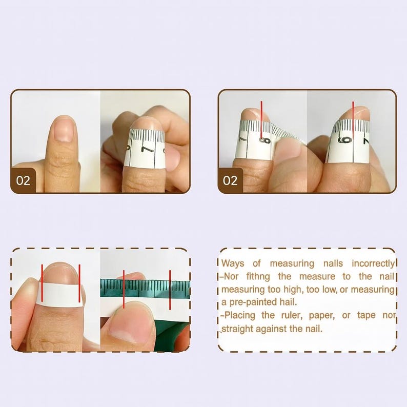 May include: A series of images demonstrating how to measure nails. The images show a finger with a measuring tape wrapped around it, and a ruler. The text explains incorrect measuring methods.