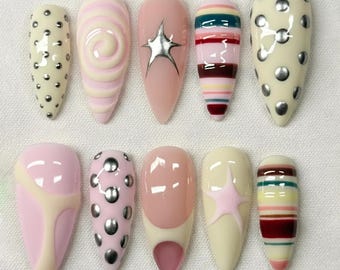 Polka Dot Press On Nails, Pastel Y2K Nail Art, Swirl Chrome False Nails, Handmade Reusable Nail Set