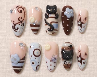 Mismatched 3D Black Cat Press On Nails, Kawaii Short Almond Nail Art, Baby Blue & Brown Retro Nails, Reusable Handmade Set