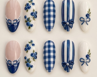Blueberry Press On Nails, Garden Inspired 3D Fruit Nails, Blue Gingham Almond Nail