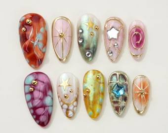 Handmade Gel Press On Nails, Custom Starburst Nail Design, Trendy Reusable Manicure Set