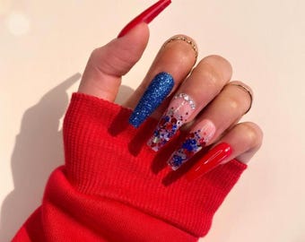 Patriotic Glitter Press-On Nails Fourth of July Handmade Reusable Red Blue Nail Art Set