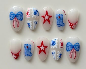 Western Press On Nails, Star Bow Cowboy Boots, Fourth of July Gel Nail Set