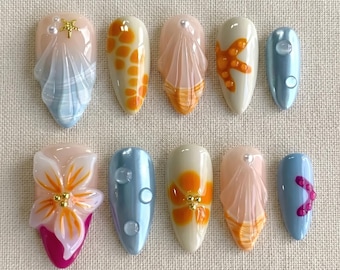 Handmade Summer Beach Press On Nails, 3D Shell Starfish Nail Set, Tropical Flower Ocean Manicure