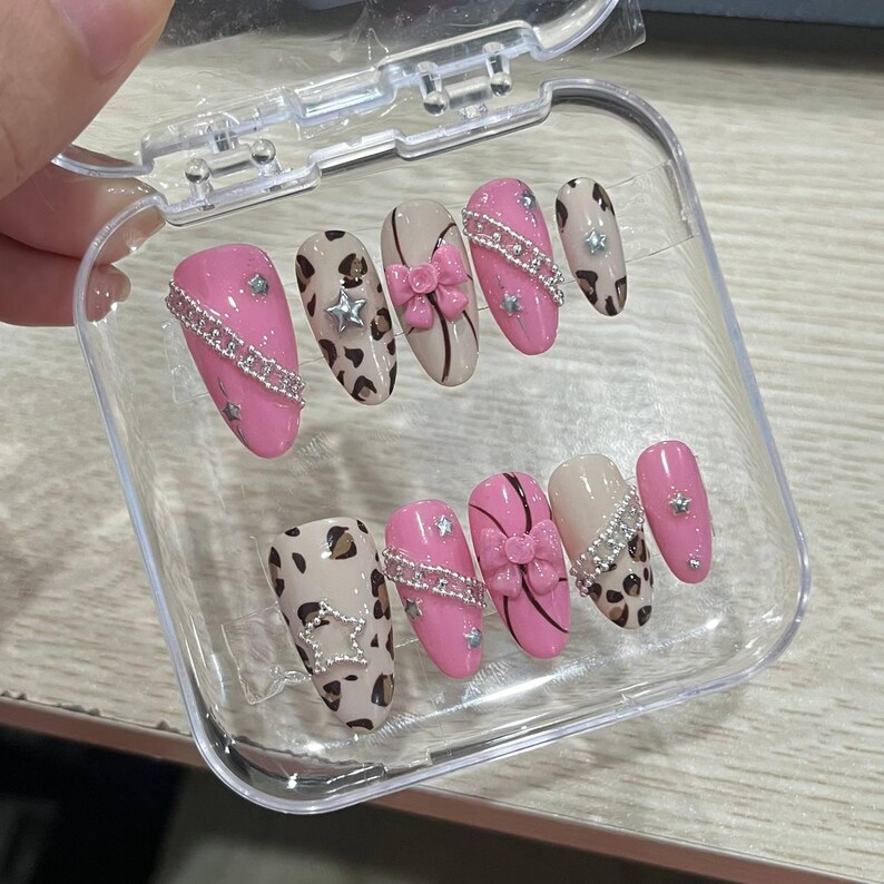 Pink Leopard Y2K Press On Nails Bow Star Bling Gyaru Kawaii Nail Set image 3