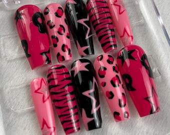Neon Leopard Star Press On Nails Bold Long Coffin Art Custom Handmade Pink Set