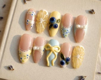 Blueberry Lemon Slice Press On Nails, 3D Fruit Pastel Bow, Almond Summer Cottagecore