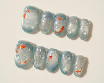Summer Blue Ocean Press On Nails, Short Oval Cat Eye Design