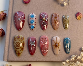 3D Cross Press On Nails, Long Almond Y2K Nail Set, Brown Swirl Gel Droplet Design, Silver Star Birthday Custom Nails