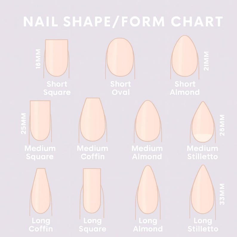 May include: A chart displaying various nail shapes, including Short Square, Short Oval, and Short Almond, with measurements in millimeters. The chart also shows Medium and Long nail shapes, such as Coffin, Square, Almond, and Stiletto.