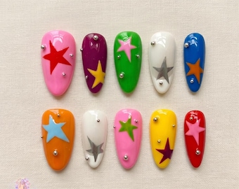 Colorful Star Press On Nails, Y2K Kawaii Almond Nails, Handmade Glossy Retro Nail Set, Cute Funky Reusable Nail Set