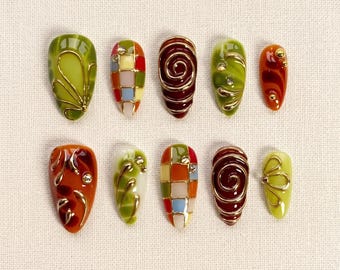 Green Plaid Press On Nails, Long Almond Spring Nail Set, 3D Gold Chrome Garden Swirl Nails