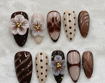 Chocolate Brown Press On Nails 3D Sculpted Flower Marble Swirl Design