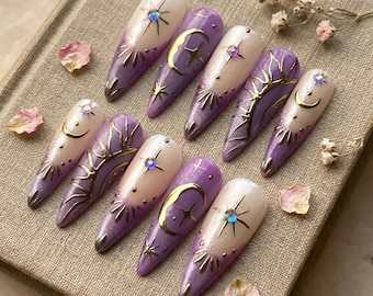 Gold Moon Star Press On Nails, Purple Celestial Stiletto Nail Set, Custom Galaxy Manicure, Handmade Fantasy Nails