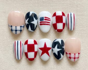 Hand Painted 4th of July Press On Nails, Patriotic USA Nail Set, Multiple Shapes & Lengths, Summer Celebration Mani
