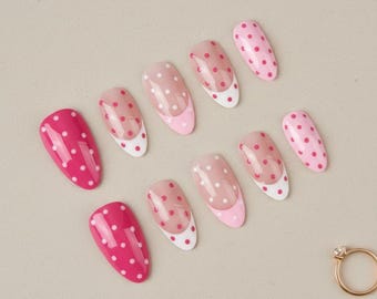 Hot Pink Polka Dot French Tip Press On Nails, Almond Gel Tips, Reusable Manicure
