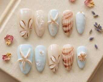 3D Starfish Summer Press-On Nails Short Almond Baby Blue Shell Gift