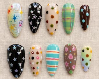 Handmade Retro Star Press On Nails, Colorful Polka Dot Glitter Plaid Nail Set, Almond Shape 90s Y2K Funky Style
