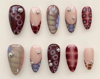Dreamy Brown Press On Nails, Long Almond Gothic 3D Chrome Y2K French Style
