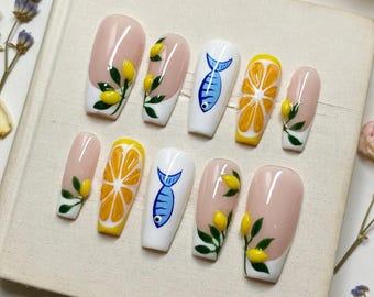 Lemon Orange Fish Press On Nails, Summer Fruit Design, Reusable Gel Set