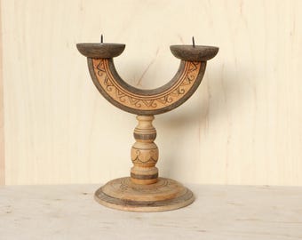 Double bougeoir vintage en bois, bougeoir folklorique sculpté à la main