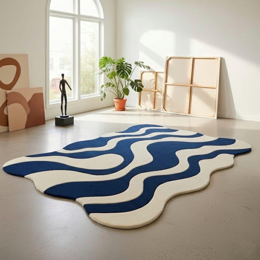 Handmade Wavy Wool Rug | Abstract Blue and White Irregular Carpet - Etsy