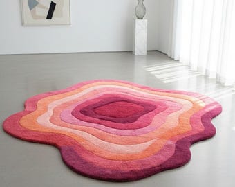 Tappeto in lana trapuntato a mano / Tappeto moderno astratto rosa dalla forma organica