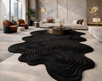Tappeto nero ondulato trapuntato a mano, lussuoso tappeto moderno di grande impatto.