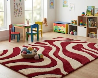 Red Cream Abstract Kids Rug | Modern Hand Tufted Area Rug | Soft Plush Playroom Carpet | Nursery & Bedroom Decor | Geometric Wave Design Rug